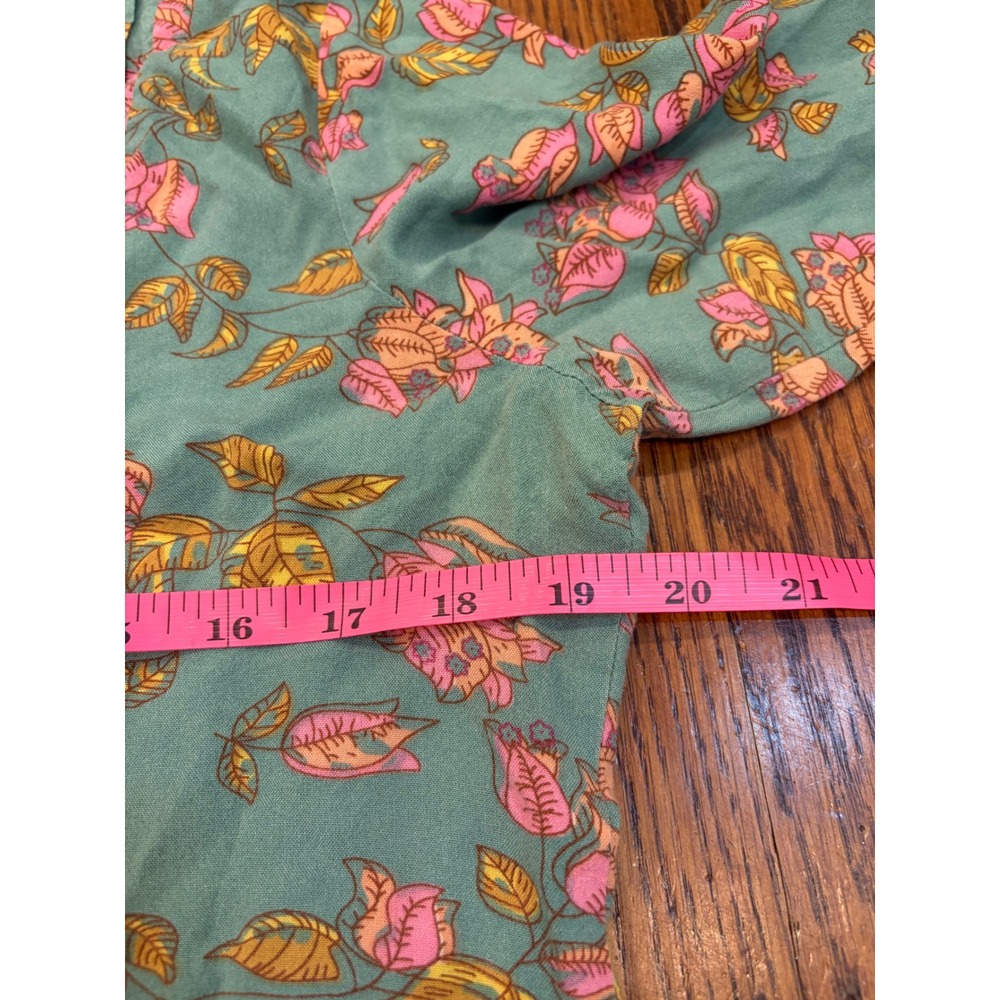 Boho Floral Pintuck Tunic Top Teal Green Pink 3/4 Sleeve Striped Cuff Medium - Picture 3 of 4